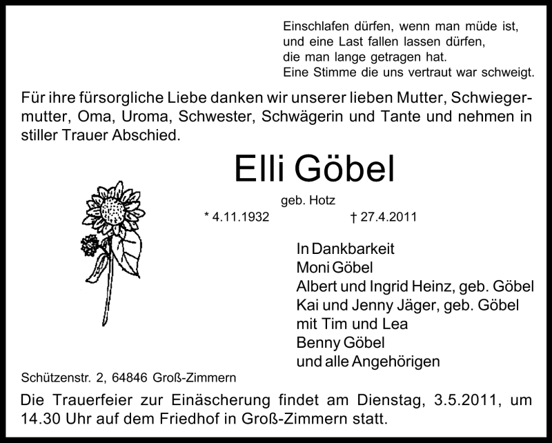 Traueranzeige für Elli Göbel vom 30.04.2011 aus Darmstädter Echo, Odenwälder Echo, Rüsselsheimer Echo, Groß-Gerauer-Echo, Ried Echo