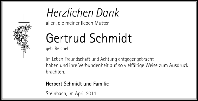  Traueranzeige für Gertrud Schmidt vom 30.04.2011 aus Odenwälder Echo
