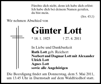 Traueranzeige von Günter Lott von Darmstädter Echo, Odenwälder Echo, Rüsselsheimer Echo, Groß-Gerauer-Echo, Ried Echo