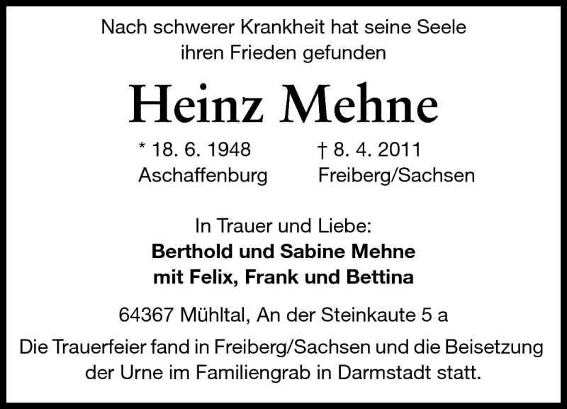  Traueranzeige für Heinz Mehne vom 30.04.2011 aus Darmstädter Echo, Odenwälder Echo, Rüsselsheimer Echo, Groß-Gerauer-Echo, Ried Echo