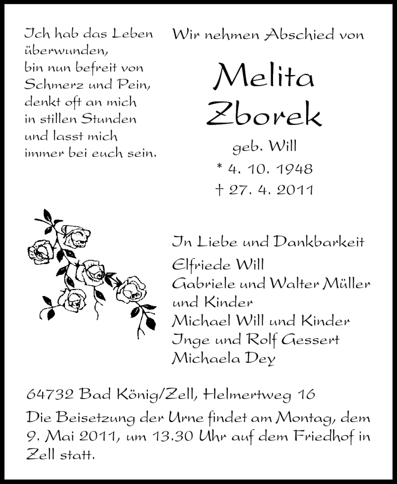  Traueranzeige für Melita Zborek vom 07.05.2011 aus Odenwälder Echo