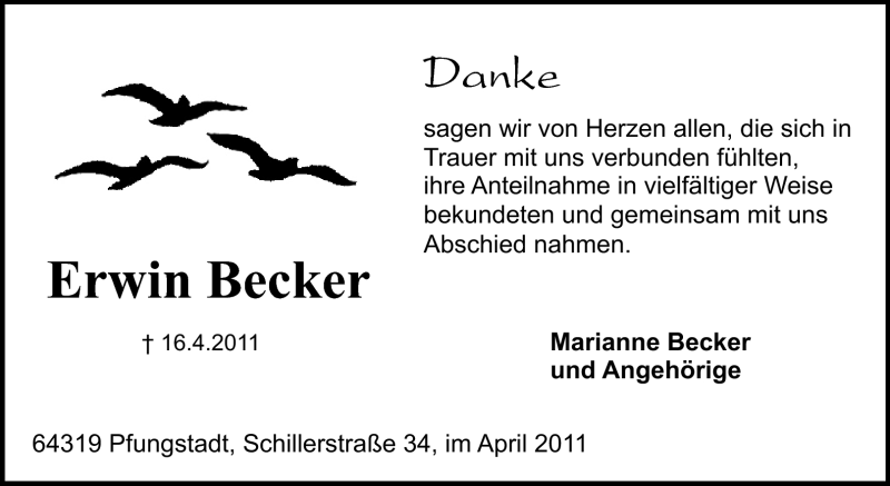  Traueranzeige für Erwin Becker vom 30.04.2011 aus Echo-Zeitungen (Gesamtausgabe)