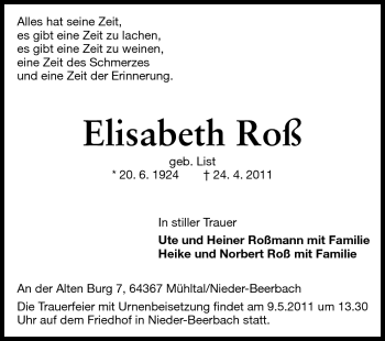 Traueranzeige von Elisabeth Roß von Echo-Zeitungen (Gesamtausgabe)