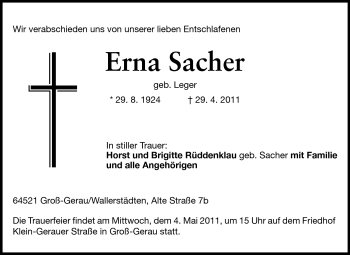 Traueranzeige von Erna Sacher von Rüsselsheimer Echo, Groß-Gerauer-Echo, Ried Echo