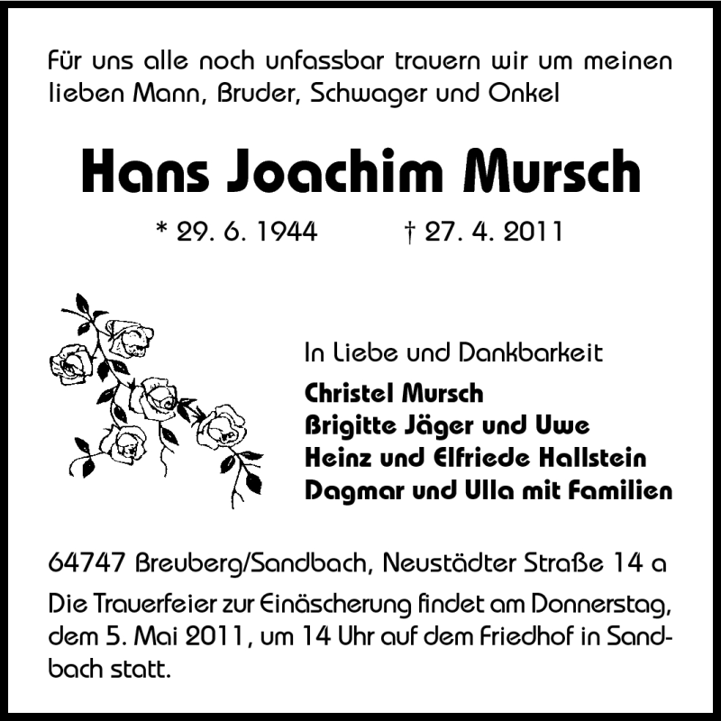  Traueranzeige für Hans Joachim Mursch vom 03.05.2011 aus Odenwälder Echo