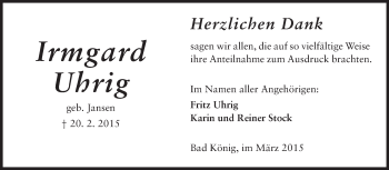 Traueranzeige von Irmgard Uhrig von Odenwälder Echo