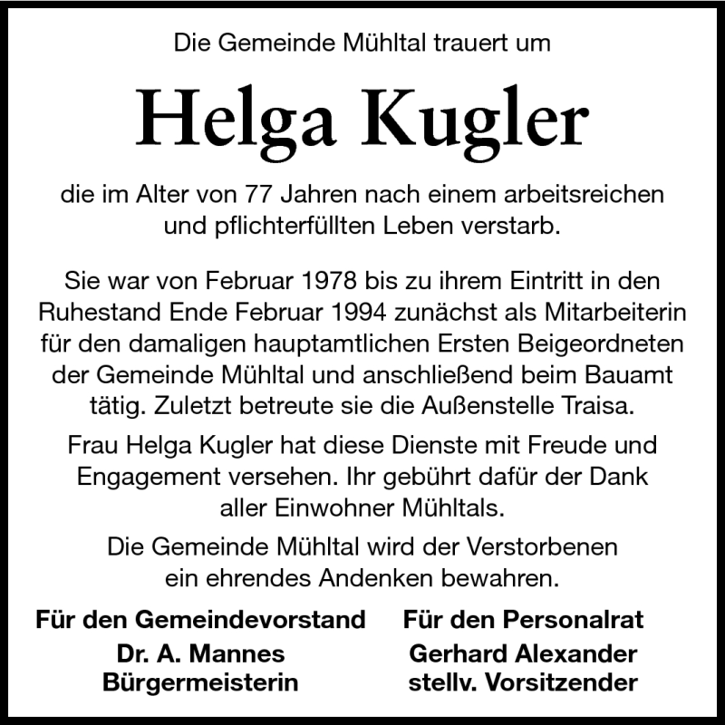  Traueranzeige für Helga Kugler vom 03.05.2011 aus Echo-Zeitungen (Gesamtausgabe)