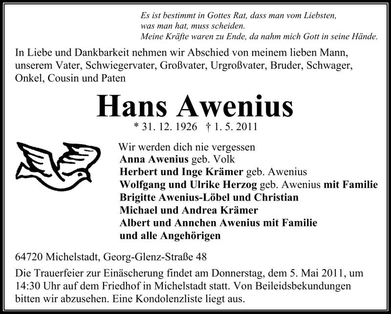  Traueranzeige für Hans Awenius vom 03.05.2011 aus Odenwälder Echo