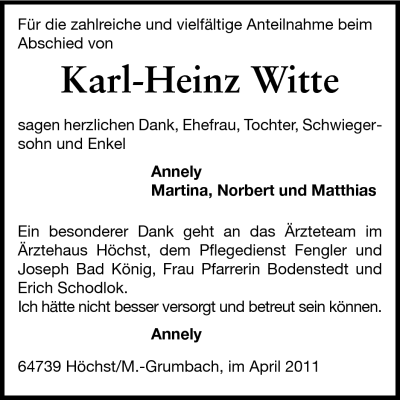  Traueranzeige für Karl-Heinz Witte vom 03.05.2011 aus Odenwälder Echo