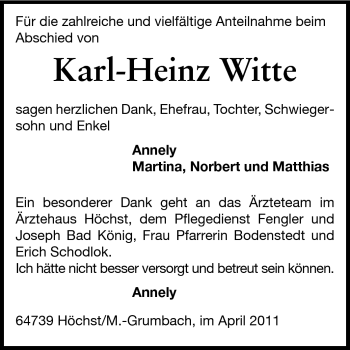 Traueranzeige von Karl-Heinz Witte von Odenwälder Echo