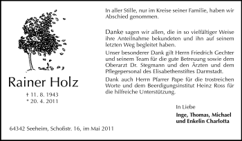 Traueranzeige von Reiner Holz von Darmstädter Echo, Odenwälder Echo, Rüsselsheimer Echo, Groß-Gerauer-Echo, Ried Echo
