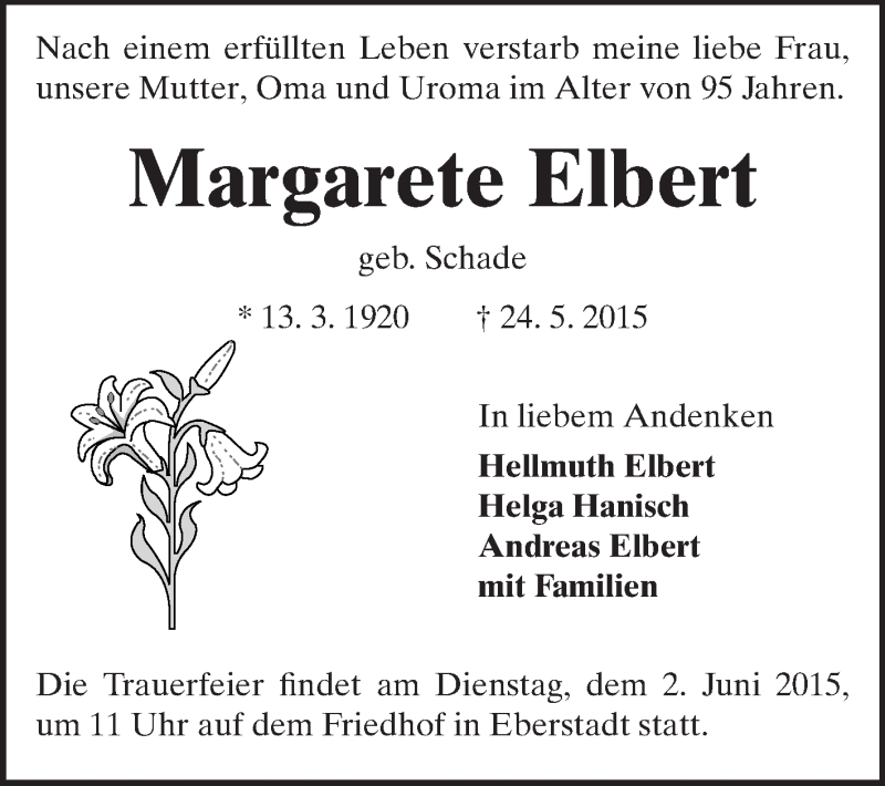  Traueranzeige für Margarete Elbert vom 30.05.2015 aus Echo-Zeitungen (Gesamtausgabe)
