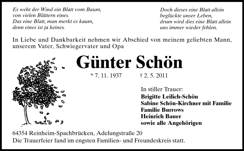  Traueranzeige für Günter Schön vom 12.05.2011 aus Darmstädter Echo, Odenwälder Echo, Rüsselsheimer Echo, Groß-Gerauer-Echo, Ried Echo