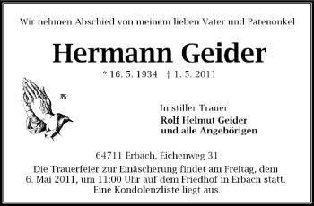 Traueranzeige von Hermann Geider von Odenwälder Echo