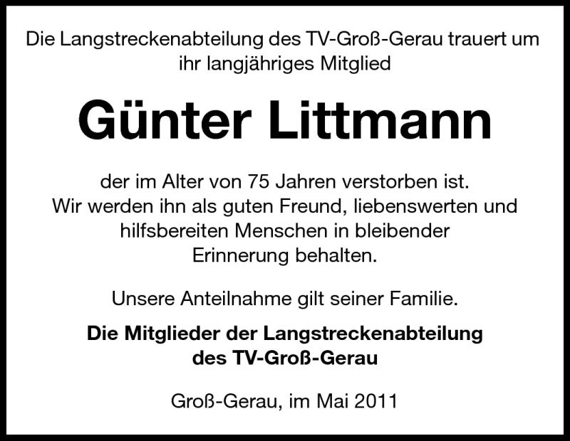  Traueranzeige für Günter Littmann vom 04.05.2011 aus Rüsselsheimer Echo, Groß-Gerauer-Echo, Ried Echo