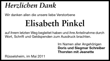 Traueranzeige von Elisabeth Pinkel von Rüsselsheimer Echo, Groß-Gerauer-Echo, Ried Echo