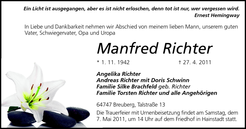  Traueranzeige für Manfred Richter vom 05.05.2011 aus Odenwälder Echo