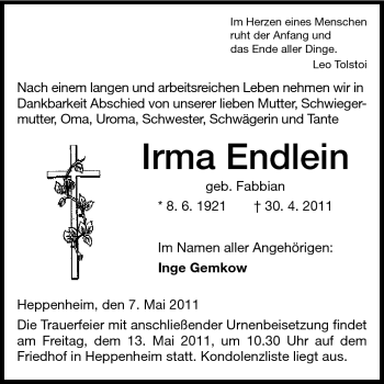 Traueranzeige von Irma Endlein von Starkenburger Echo