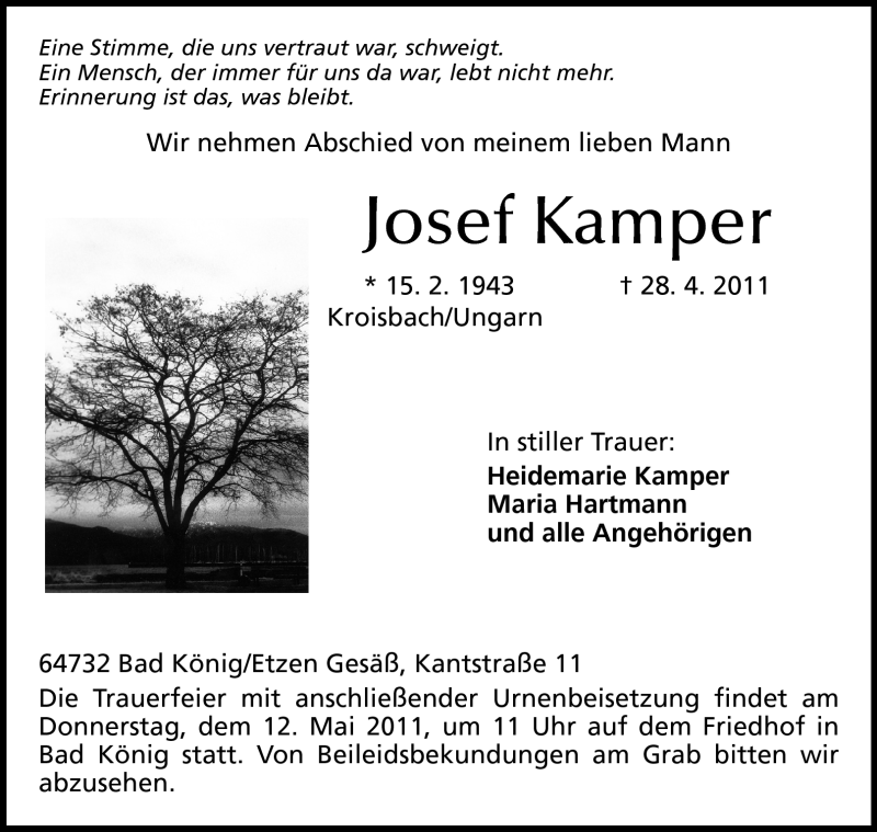  Traueranzeige für Josef Kamper vom 07.05.2011 aus Odenwälder Echo