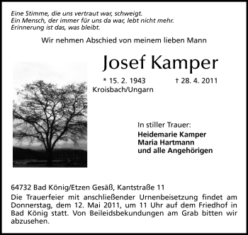 Traueranzeige von Josef Kamper von Odenwälder Echo