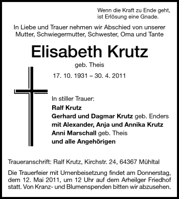 Traueranzeige von Elisabeth Krutz von Echo-Zeitungen (Gesamtausgabe)