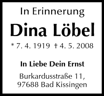 Traueranzeige von Dina Löbel von Rüsselsheimer Echo, Groß-Gerauer-Echo, Ried Echo