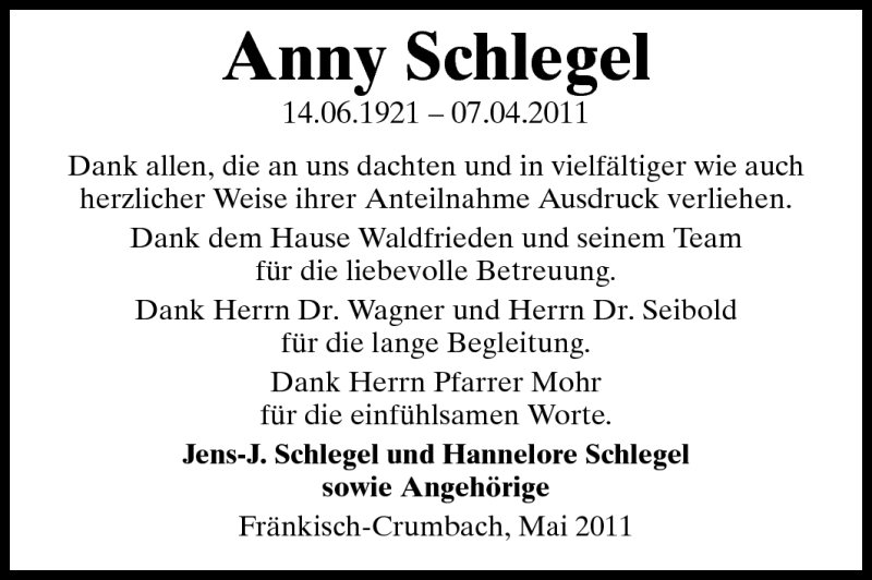  Traueranzeige für Anny Schlegel vom 07.05.2011 aus Echo-Zeitungen (Gesamtausgabe)