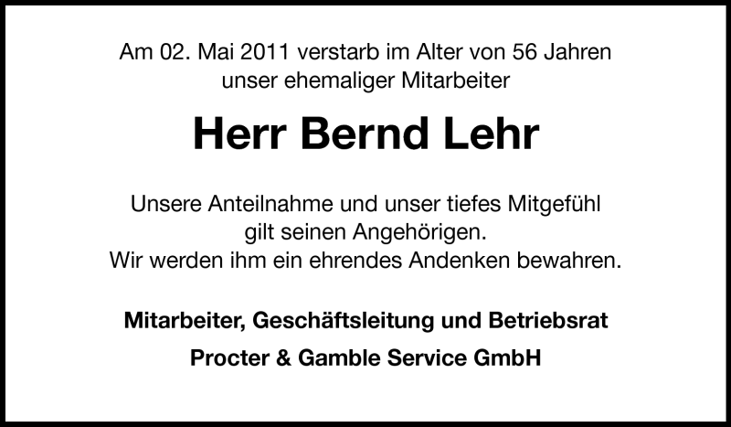  Traueranzeige für Bernd Lehr vom 05.05.2011 aus Echo-Zeitungen (Gesamtausgabe)