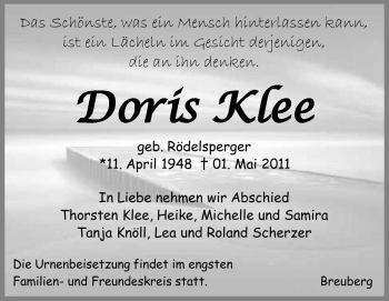 Traueranzeige von Doris Klee von Echo-Zeitungen (Gesamtausgabe)