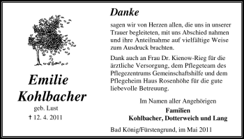 Traueranzeige von Emilie Kohlbacher von Odenwälder Echo