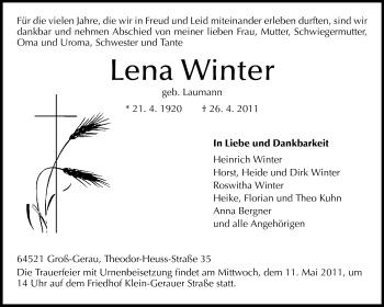 Traueranzeige von Lena Winter von Rüsselsheimer Echo, Groß-Gerauer-Echo, Ried Echo