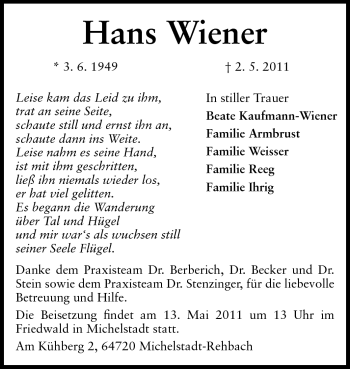 Traueranzeige von Hans Wiener von Odenwälder Echo