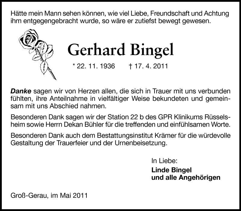  Traueranzeige für Gerhard Bingel vom 07.05.2011 aus Rüsselsheimer Echo, Groß-Gerauer-Echo, Ried Echo
