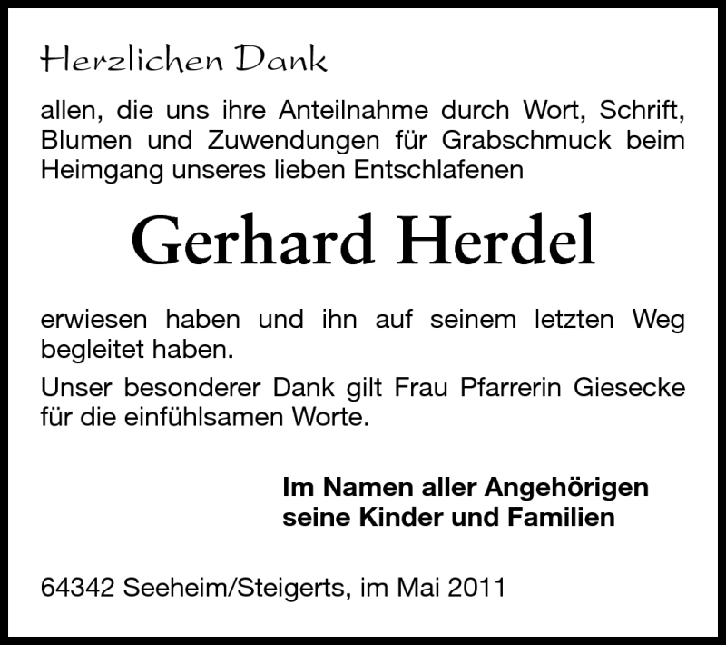  Traueranzeige für Gerhard Herdel vom 07.05.2011 aus Echo-Zeitungen (Gesamtausgabe)