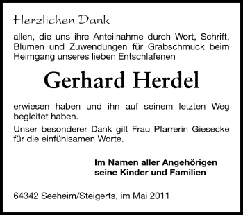 Traueranzeige von Gerhard Herdel von Echo-Zeitungen (Gesamtausgabe)