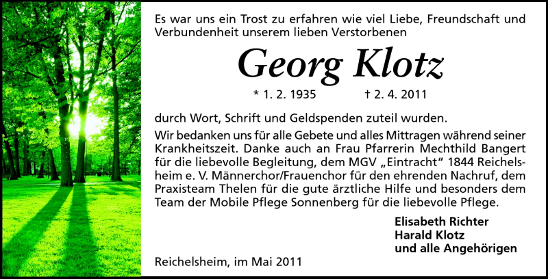  Traueranzeige für Georg Klotz vom 07.05.2011 aus Odenwälder Echo
