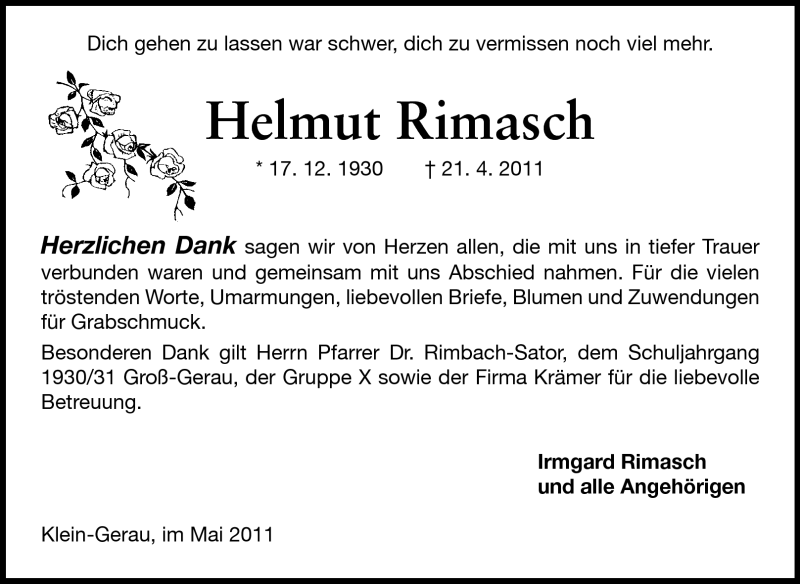  Traueranzeige für Helmut Rimasch vom 07.05.2011 aus Rüsselsheimer Echo, Groß-Gerauer-Echo, Ried Echo