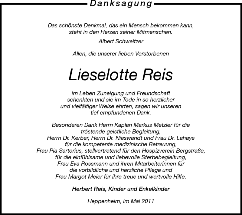  Traueranzeige für Lieselotte Reis vom 07.05.2011 aus Starkenburger Echo, Bergsträßer Anzeiger