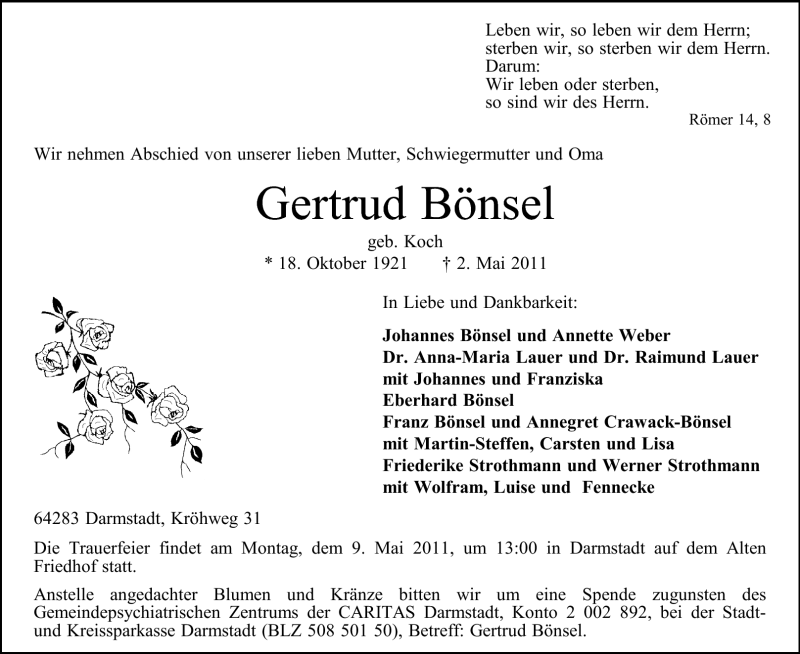  Traueranzeige für Gertrud Bönsel vom 07.05.2011 aus Echo-Zeitungen (Gesamtausgabe)