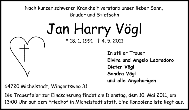  Traueranzeige für Jan Harry Vögl vom 07.05.2011 aus Odenwälder Echo