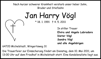 Traueranzeige von Jan Harry Vögl von Odenwälder Echo