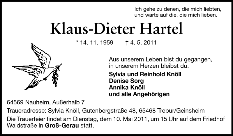  Traueranzeige für Klaus-Dieter Hartel vom 07.05.2011 aus Rüsselsheimer Echo, Groß-Gerauer-Echo, Ried Echo