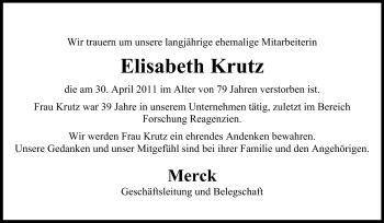 Traueranzeige von Elisabeth Krutz von Echo-Zeitungen (Gesamtausgabe)