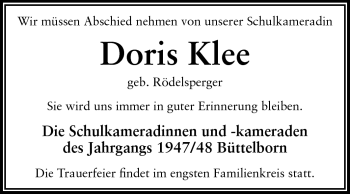 Traueranzeige von Doris Klee von Echo-Zeitungen (Gesamtausgabe)
