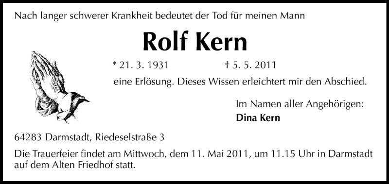  Traueranzeige für Rolf Kern vom 09.05.2011 aus Darmstädter Echo, Odenwälder Echo, Rüsselsheimer Echo, Groß-Gerauer-Echo, Ried Echo