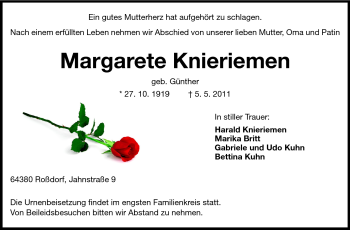 Traueranzeige von Margarete Knieriemen von Echo-Zeitungen (Gesamtausgabe)