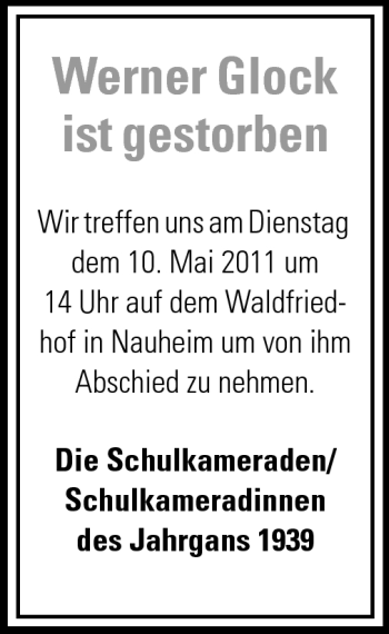 Traueranzeige von Werner Glock von Rüsselsheimer Echo, Groß-Gerauer-Echo, Ried Echo