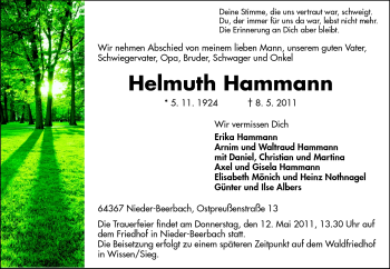 Traueranzeige von Helmuth Hammann von Echo-Zeitungen (Gesamtausgabe)
