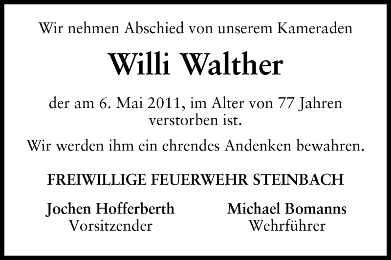  Traueranzeige für Willi Walther vom 10.05.2011 aus Odenwälder Echo