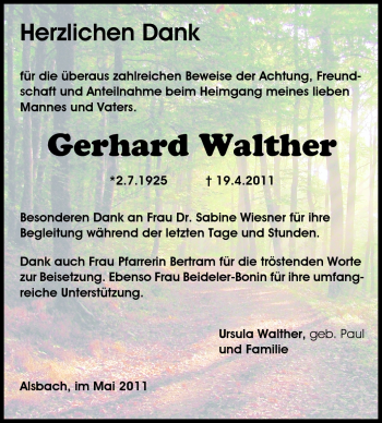 Traueranzeige von Gerhard Walther von Echo-Zeitungen (Gesamtausgabe)